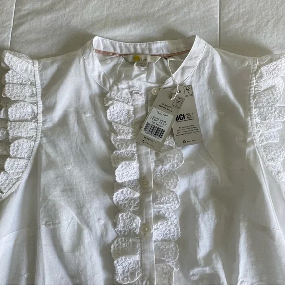 Boden Sleeveless Embroidered Shirt White Ruffle Button Down Cotton US 8 NWT - Picture 2 of 9